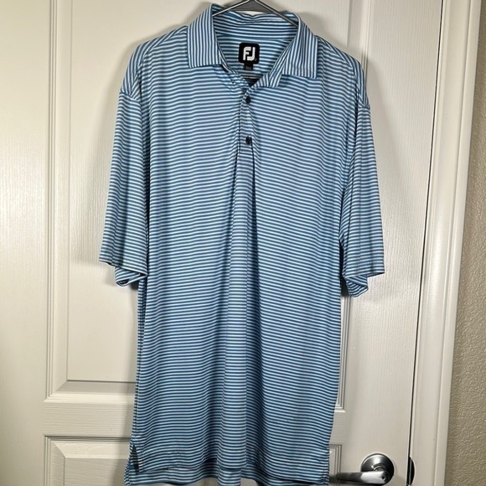 Footjoy Foot Joy Blue White Stripe Polo Golf Shirt Size Large EUC #2670